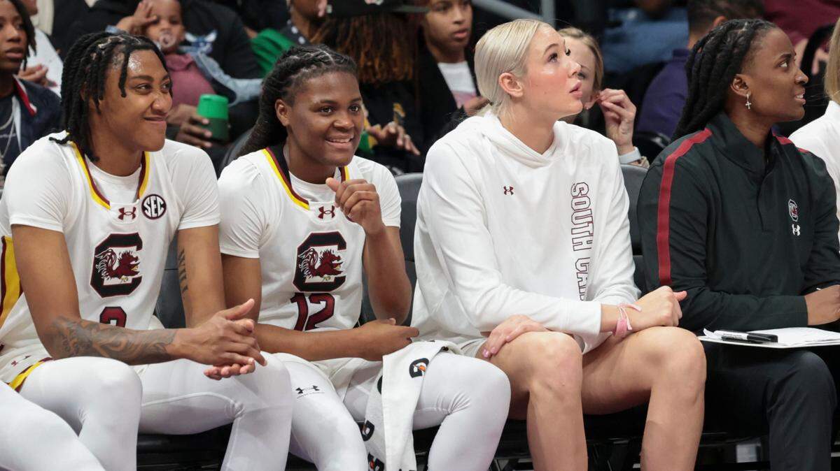 University of South Carolina forward Chloe Kitts (21) sits on the bench during the second half of action in the Ally Tipoff at the Spectrum Center in Charlotte on Sunday, Nov. 10, 2024.