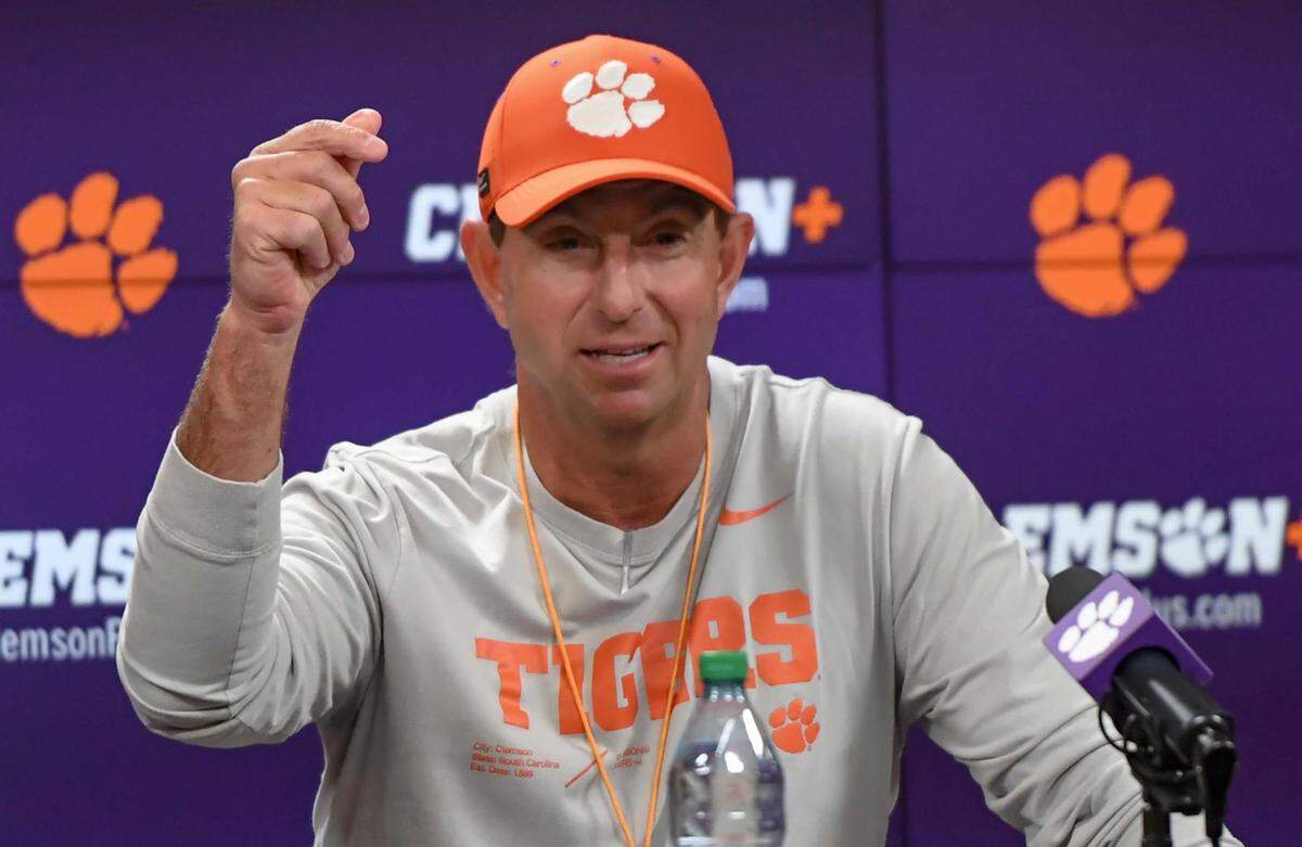 Clemson football head coach Dabo Swinney talks with media before the first football practice at the Allen N. Reeves Football Complex at Clemson University in Clemson, S.C. Friday, February 28, 2025.