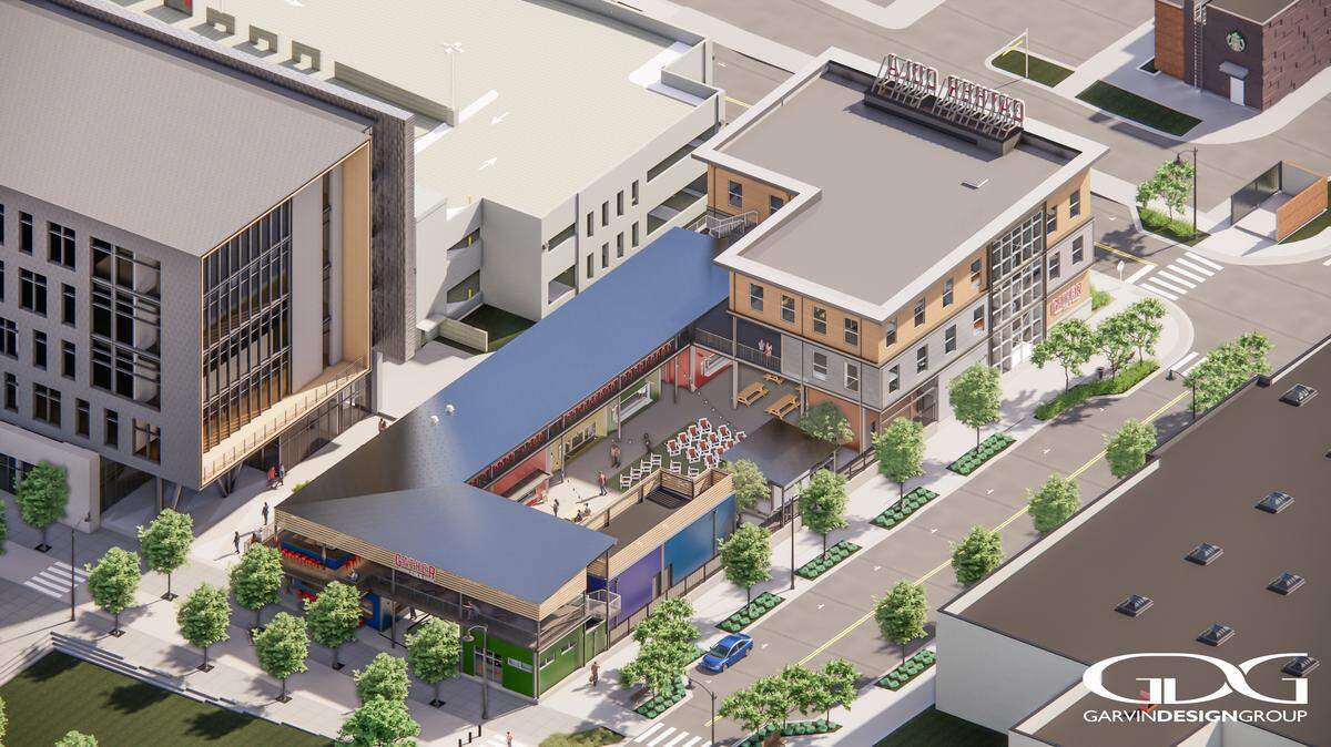 A rendering of the coming Gather COLA food hall at the BullStreet District. It plans to open Dec. 5, 2025.