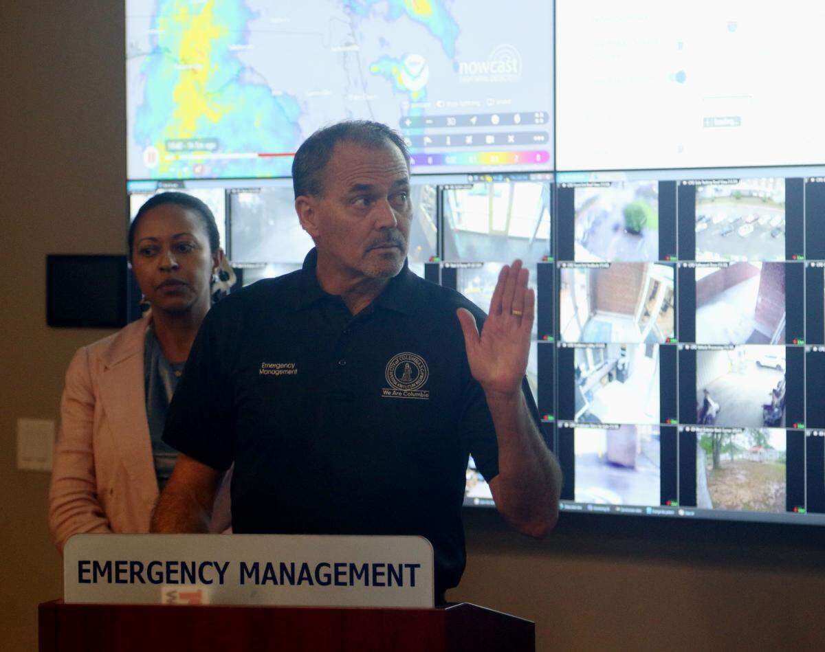Columbia Emergency Management Director Harry Tinsley (left) and City Manager Teresa Wilson address continuing concerns with Hurricane Helene on Sept. 26, 2024.