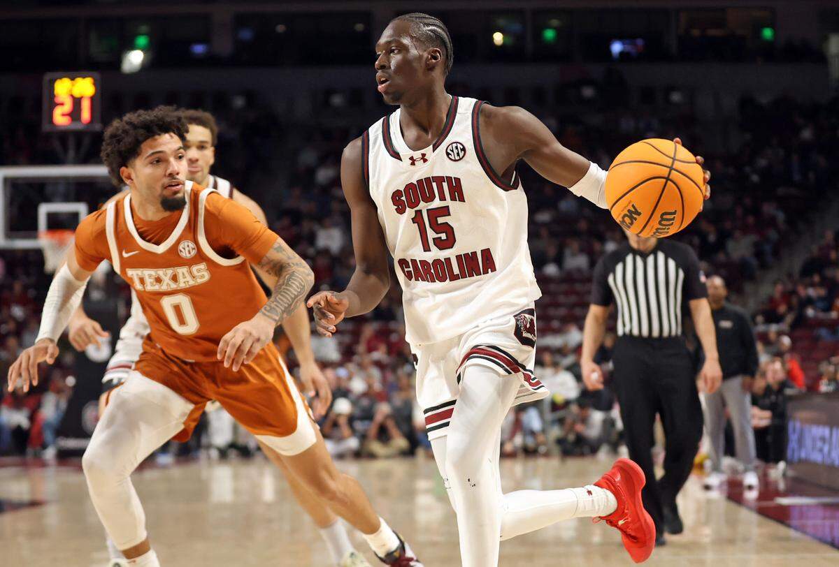 South Carolina’s Morris Ugusuk on Saturday in the Gamecocks’ game against Texas at Colonial Life Arena.