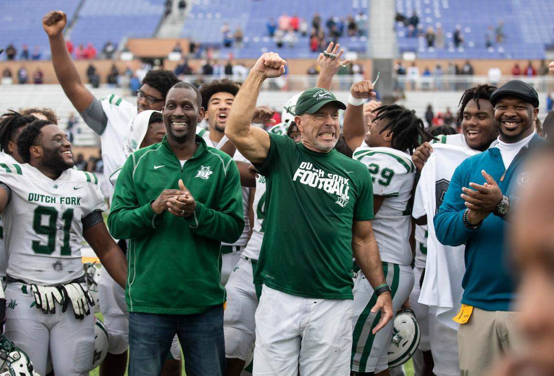 Dutch Fork head coach Tom Knotts celebrates his team’s win in the SCHSL Class 5A Football State Championship at Charles W.Johnson Stadium in Columbia, SC on Saturday, Dec. 3, 2022.