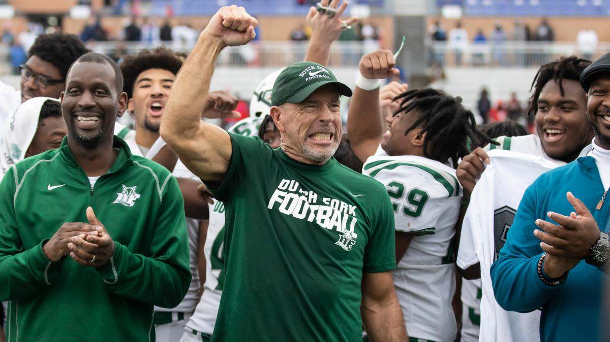 Dutch Fork head coach Tom Knotts celebrates his team’s win in the SCHSL Class 5A Football State Championship at Charles W.Johnson Stadium in Columbia, SC on Saturday, Dec. 3, 2022.