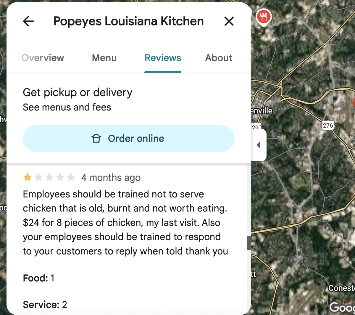 Popeye’s in Greenville scored 2.4 among reviewers.