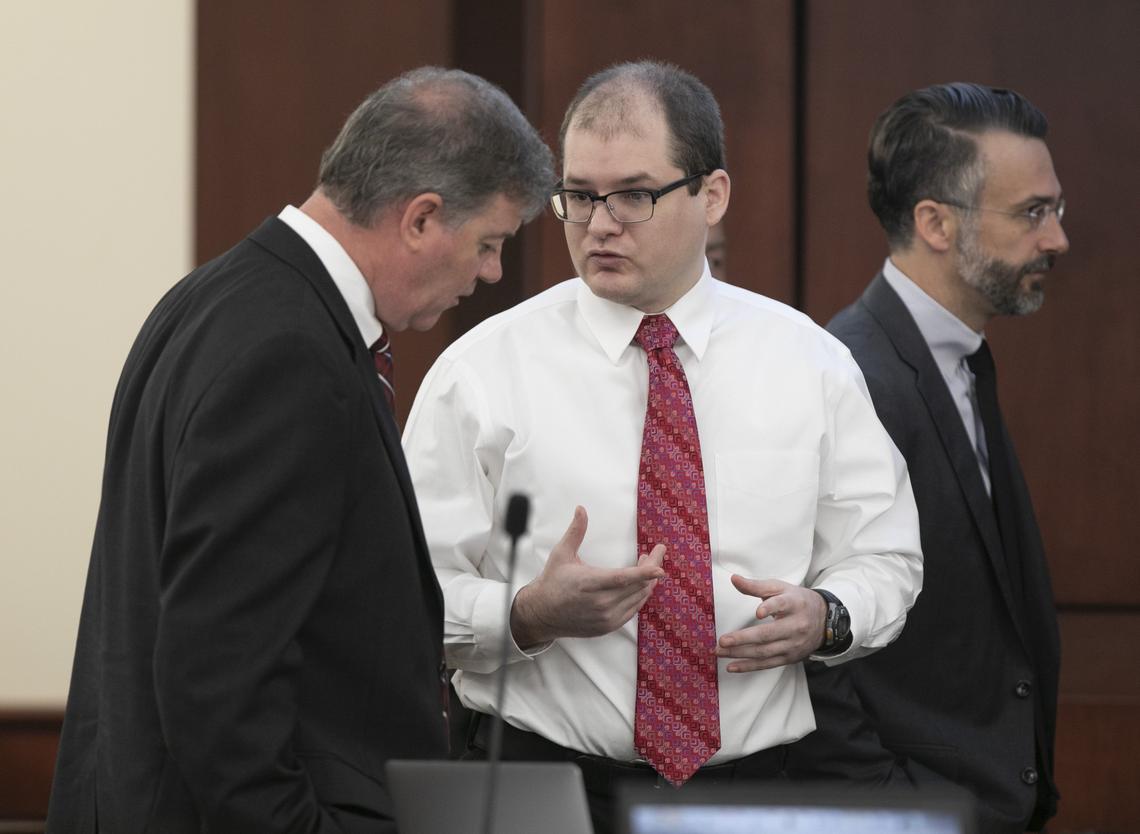 Tim Jones talks to his attorney, Boyd Young as the defense begins their testimony during the sentencing phase of his trial in Lexington. Timothy Jones, Jr. was found guilty of killing his 5 young children in 2014. 6/7/19