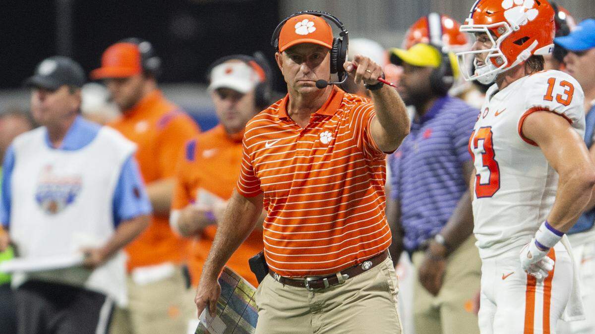 Clemson head coach Dabo Swinney points during the first half of an NCAA college football game against Georgia Tech Monday, Sept. 5, 2022, in Atlanta. (AP Photo/Hakim Wright Sr.)