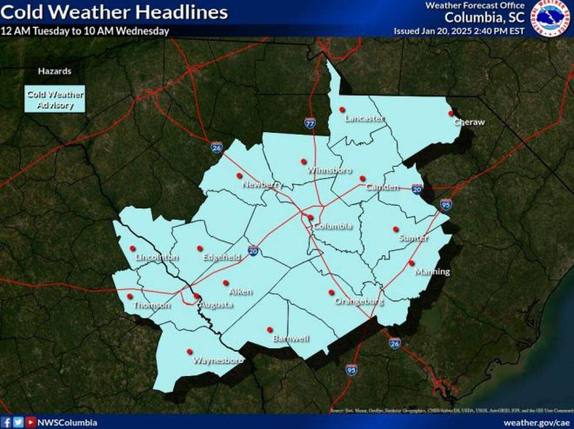 Freezing cold weather is forecast for the Midlands area of South Carolina.
