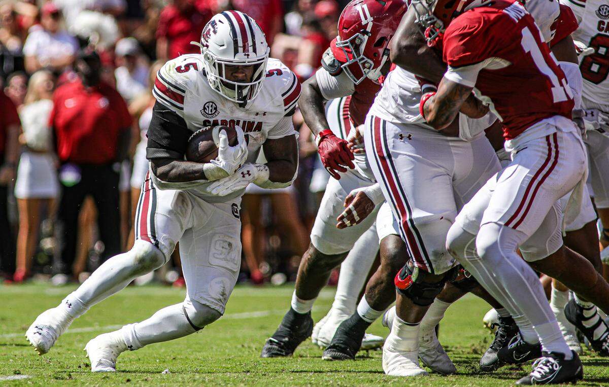 South Carolina running back Raheim “Rocket” Sanders during Saturday’s game against Alabama at Bryant-Denny Stadium in Tuscaloosa.