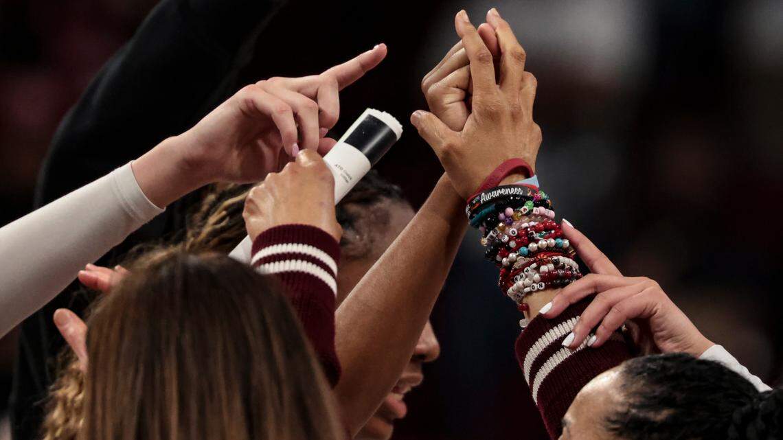 University of South Carolina Head Coach Dawn Staley huddles with the team after the Gamecocks beat Indiana University in the Second Round game of the NCAA Tournament at the Colonial Life Arena on Sunday, March 23, 2025.