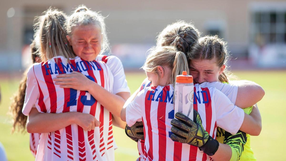 Members of the Hammond School girls soccer team console each other following their loss to Pinewood Prep in the SCISA Class 3A Girls State Soccer Championship on Saturday, May 14, 2022, in Columbia.