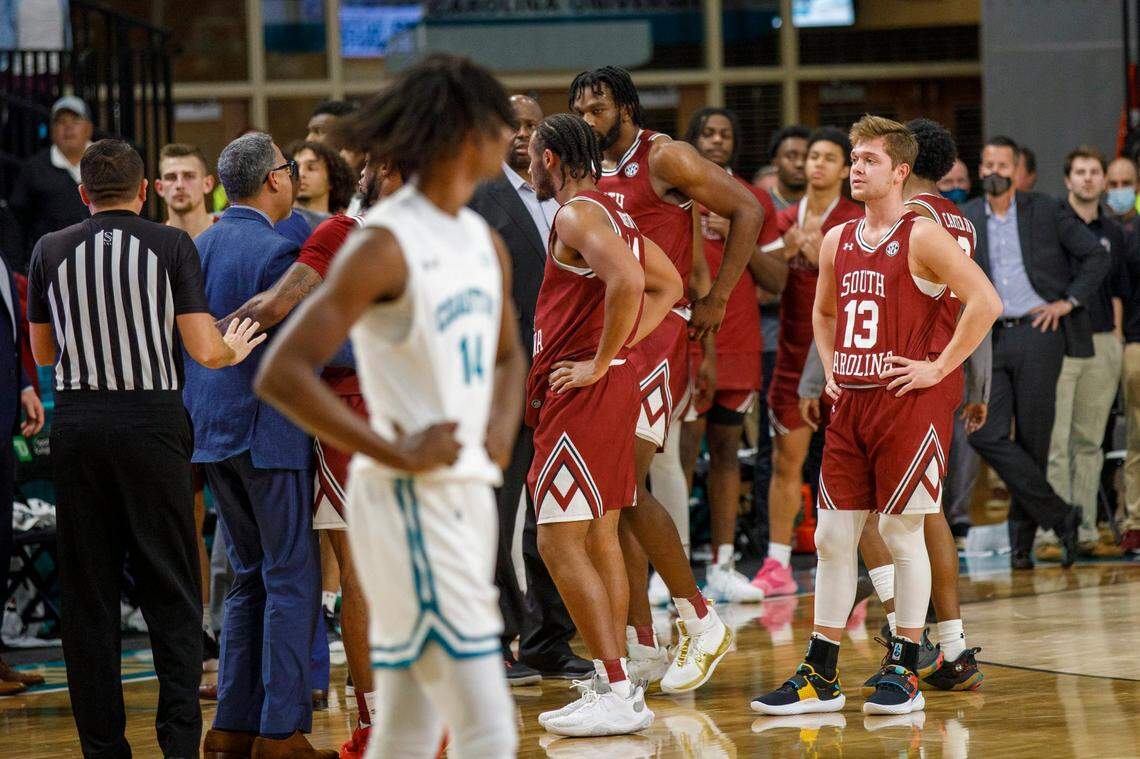 An altercation in the last seconds of the Coastal vs. USC game cleared both benches in the last seconds of the game Wednesday. The Coastal Carolina Chanticleers of the Sun Belt Conference hosted the South Carolina Gamecocks of the SEC in college basketball Wednesday night at the HTC Center in Conway, SC for the first time. Dec. 1, 2021.