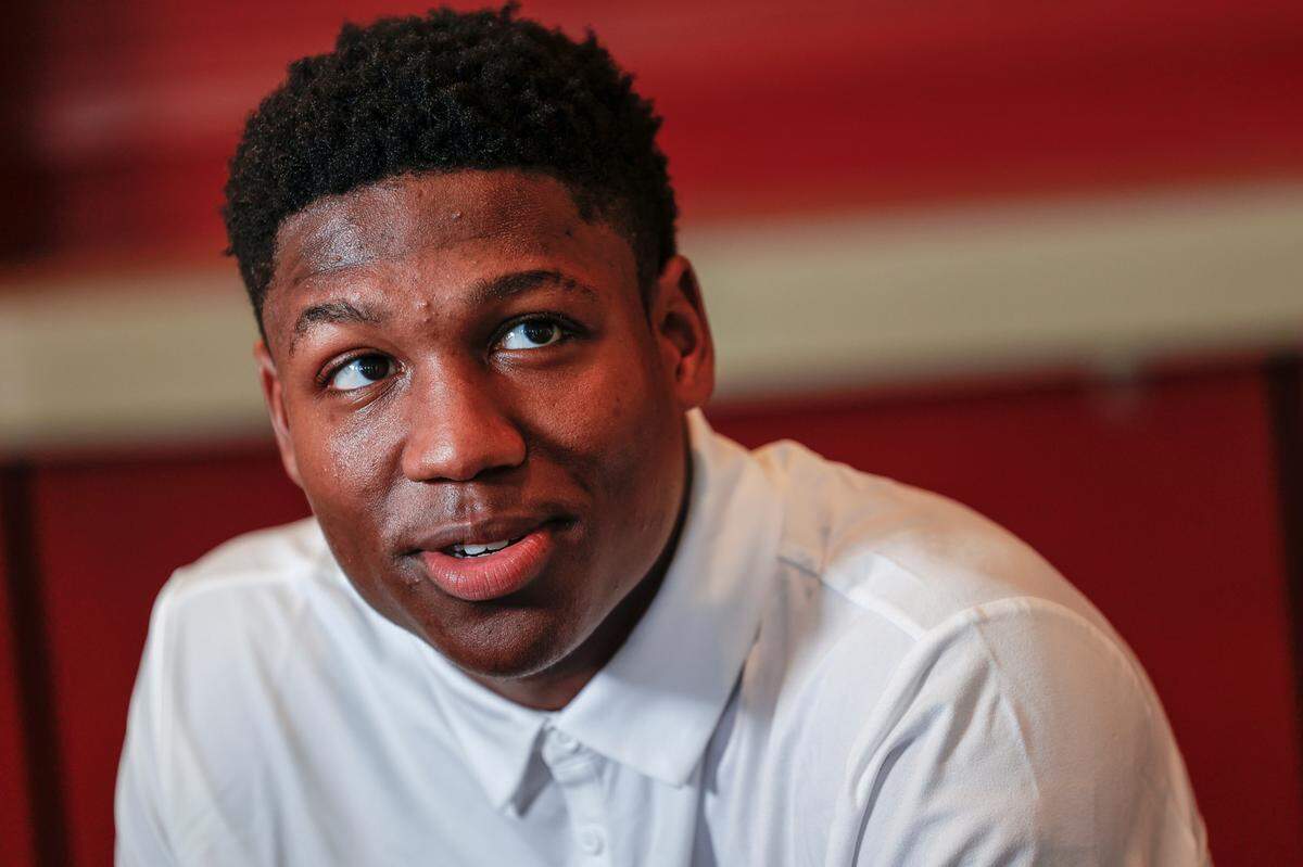 G.G. Jackson talks with the media during The University of South Carolina media day on Wednesday, Oct. 12, 2022.