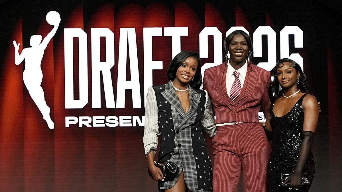 South Carolina’s Raven Johnson, Madina Okot and Ta’Niya Latson pose Monday prior to the 2026 WNBA Draft at The Shed in New York City.