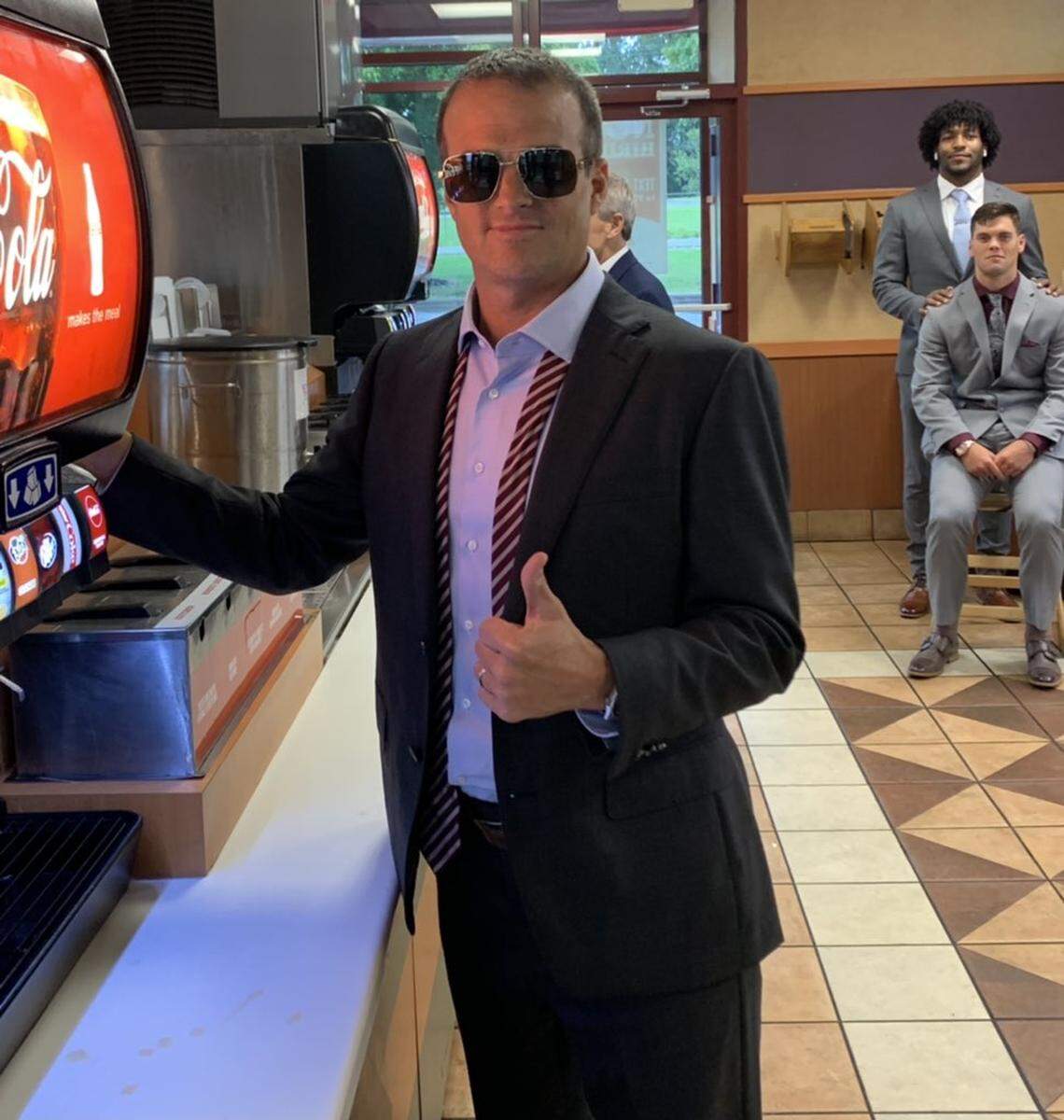 South Carolina football coach Shane Beamer poses for a photo at an Arby’s in Alabama on Monday after finishing up at Southeastern Conference Media Days. It was paying homeage to what former Gamecock coach Steve Spurrier did years ago.