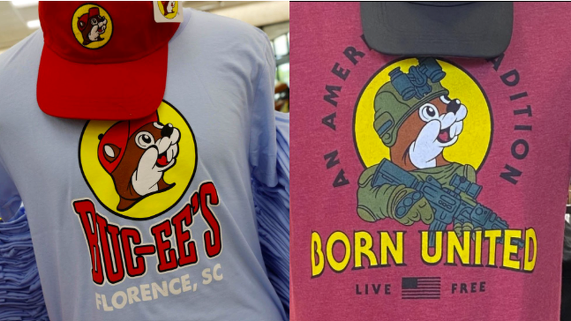 Gas station chain Buc-ee’s official mascot, Buc-ee the Beaver, seen side by side with a T-shirt sold by South Carolina retailer Born United. Buc-ee’s has said Born United’s heavily armed version infringes on its trademark.
