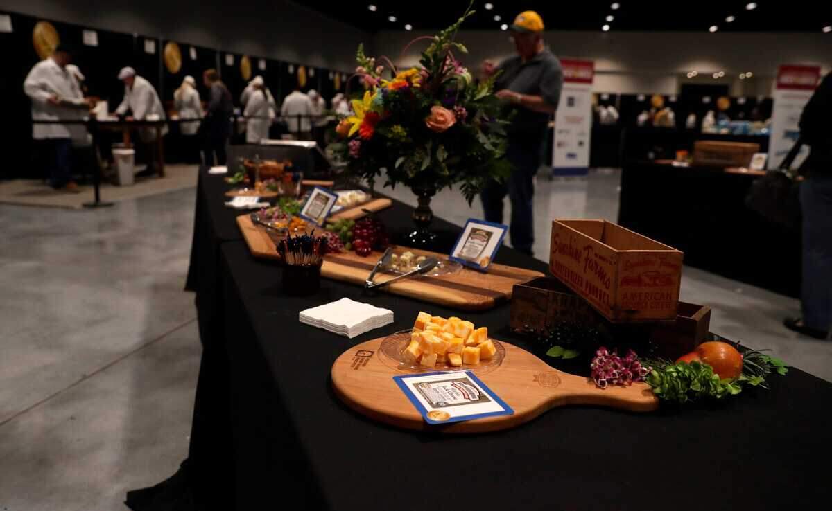 A variety of cheeses available to sample during the first day of judging at the U.S. Championship Cheese Contest on March 4, 2025, at the Resch Expo in Ashwaubenon, Wis.