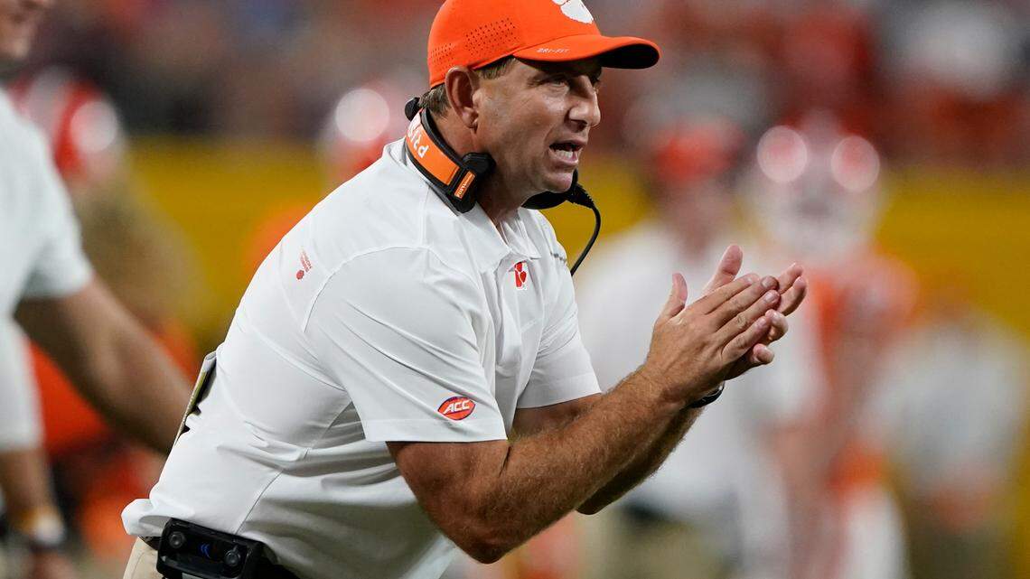 Clemson coach Dabo Swinney watches during the second half of the team’s NCAA college football game against Georgia on Saturday, Sept. 4, 2021, in Charlotte, N.C.