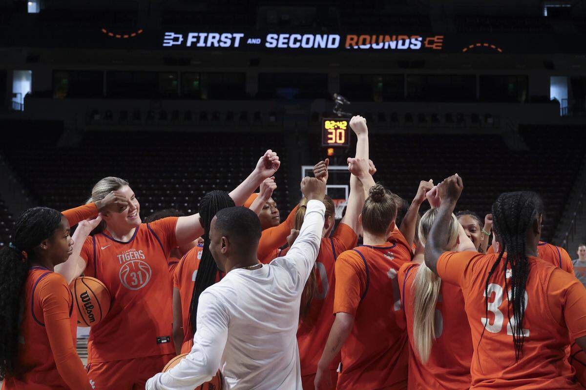 The Clemson women’s basketball team prepares for its NCAA Tournament First Four game against the University of Southern California at Colonial Life Arena.