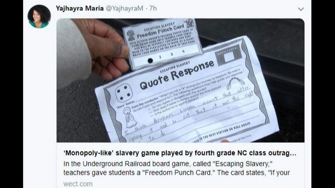 A North Carolina school board apologized for a lesson where students played a game called “Escaping Slavery.”