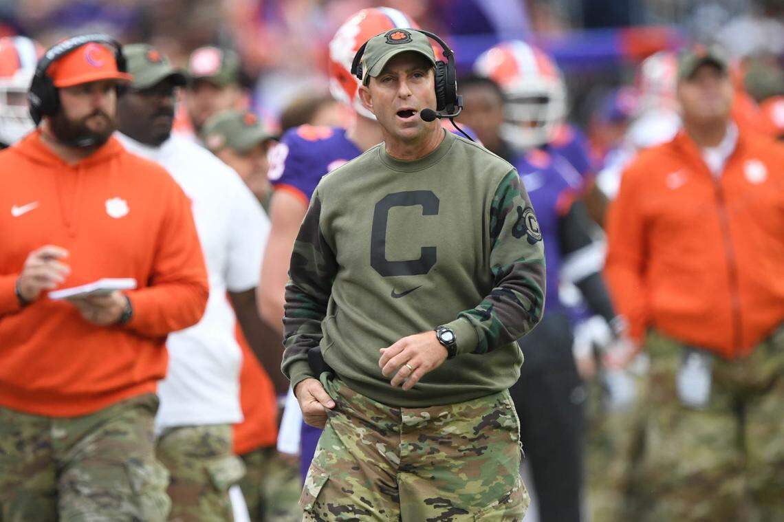 Nov 11, 2023; Clemson, South Carolina, USA; Clemson Tigers head coach Dabo Swinney looks on during the second quarter against the Georgia Tech Yellow Jackets at Memorial Stadium.