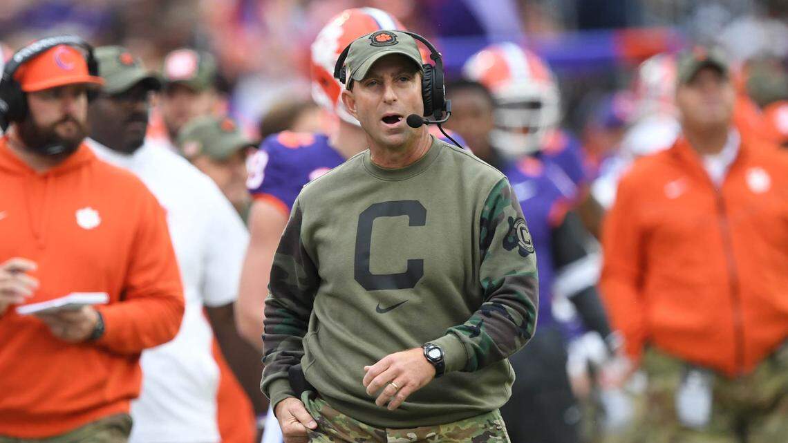 Nov 11, 2023; Clemson, South Carolina, USA; Clemson Tigers head coach Dabo Swinney looks on during the second quarter against the Georgia Tech Yellow Jackets at Memorial Stadium.