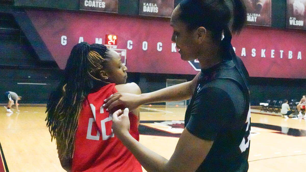 South Carolina's A'ja Wilson gives former teammate Tiffany Mitchell a hard time for wearing number 22 during the 2018 USA Basketball women's national team minicamp at USC. 2/9/17