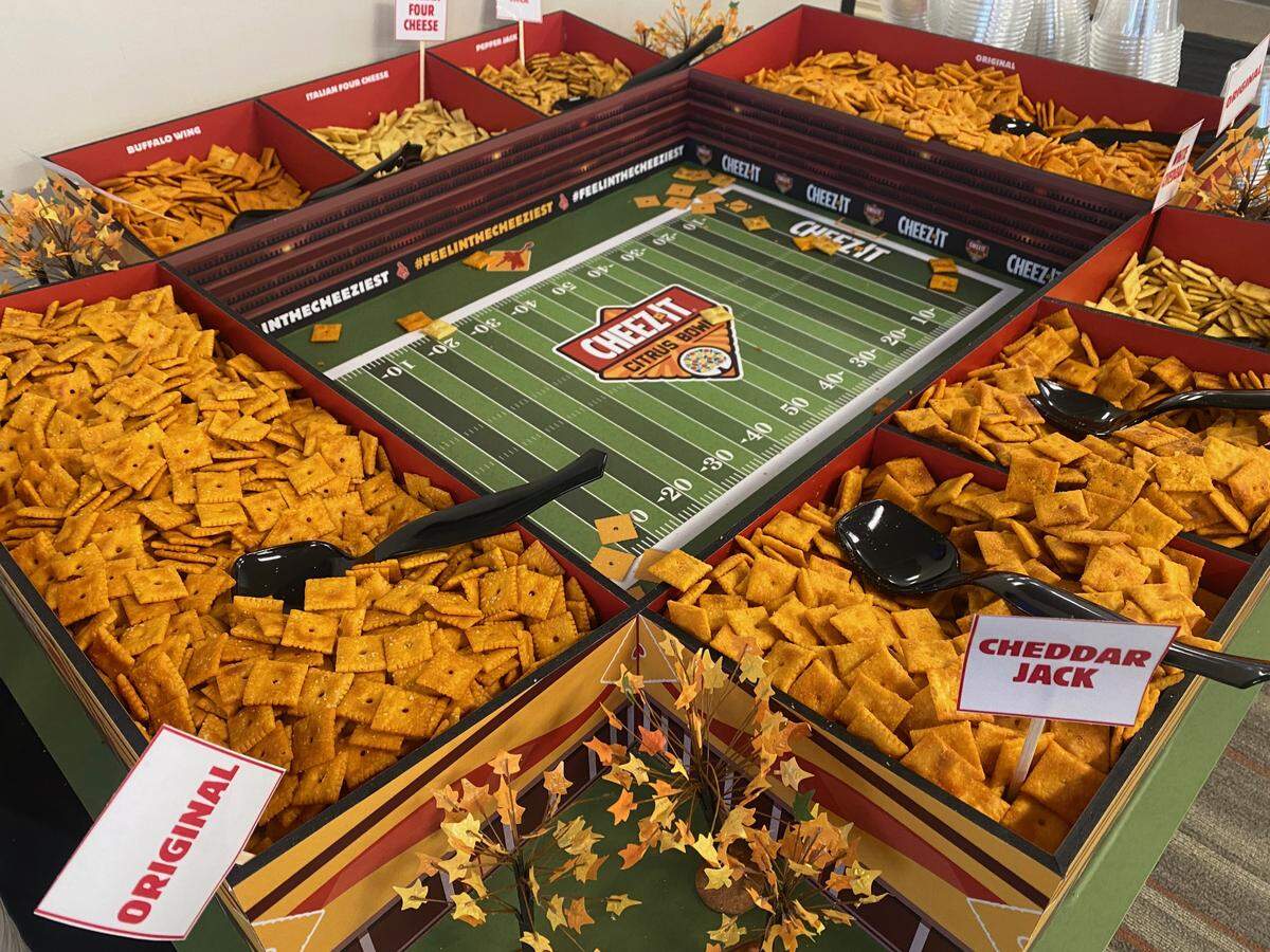 A look at the Cheez-It stadium spread in the Camping World Stadium press box.