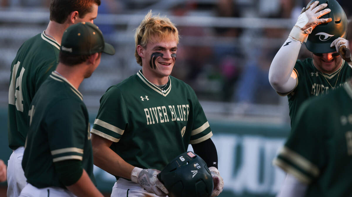 Thomas Powell (9) of River Bluff celebrates with teammates after hitting a home-run during River Bluff’s game against Chapin in Lexington on Friday, April 28, 2023.