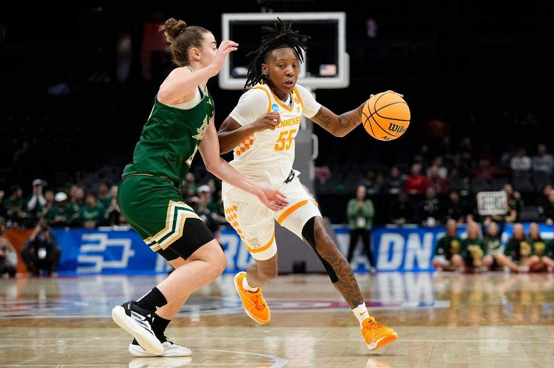 Tennessee Lady Vols guard Talaysia Cooper (55) dribbles past South Florida Bulls guard Carla Brito (55) during the first round of the NCAA Women’s Basketball Tournament at Value City Arena in Columbus, Ohio on March 21, 2025.