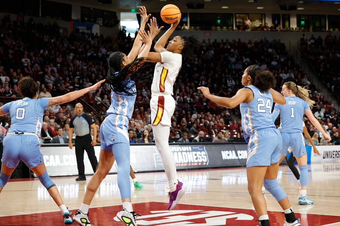 South Carolina’s Ashlyn Watkins (2) shoots as North Carolina’s Teonni Key (13) pressures during the first half of action in the second round of the NCAA Tournament at the Colonial Life Arena in Columbia, SC, on Sunday, March. 24, 2024.
