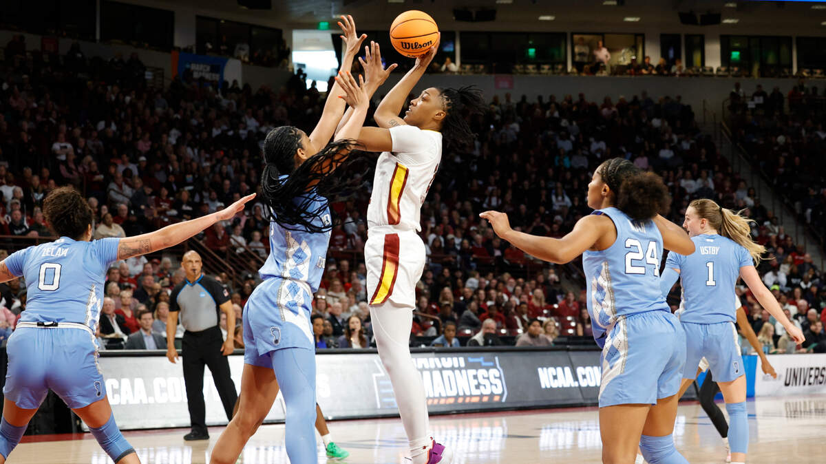 South Carolina’s Ashlyn Watkins (2) shoots as North Carolina’s Teonni Key (13) pressures during the first half of action in the second round of the NCAA Tournament at the Colonial Life Arena in Columbia, SC, on Sunday, March. 24, 2024.