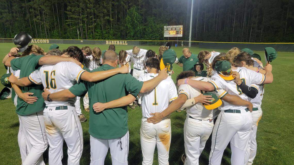 Ben Lippen baseball team gathers together after defeating Laurence Manning in Game 2 of SCISA 3A championship series on May 16, 2022.