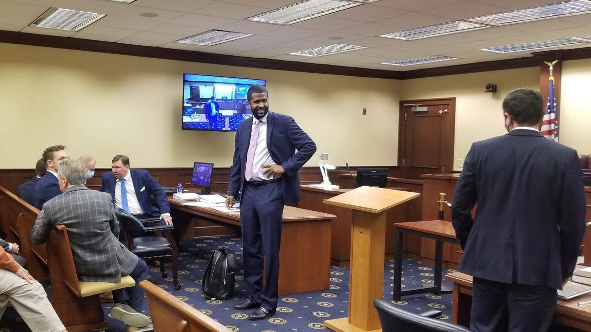 An alcohol license hearing for Lexington’s Navy Yard on Main Biergarten took place Dec. 3 in SC Administrative Law Court. Attorney Bakari Sellers, center, was among the attorneys representing the bar, which had its alcohol license application opposed by neighboring St. Stephen’s Lutheran Church.