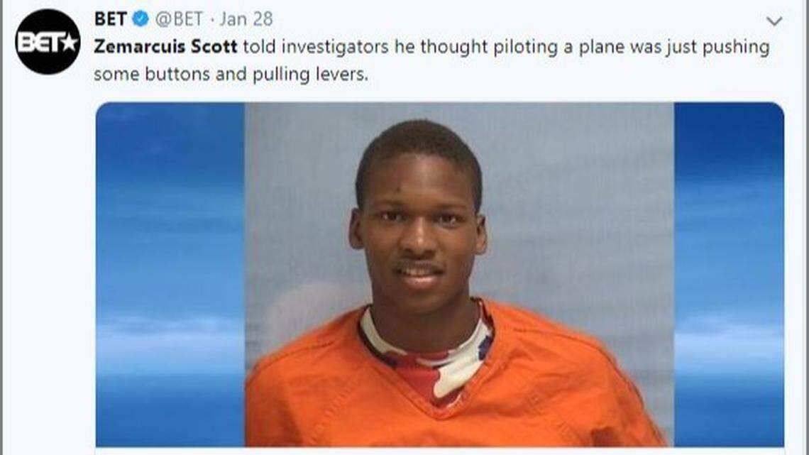 Zemarcuis Scott, shown in a BET tweet, attempted to steal a plane to watch a hip hop concert.