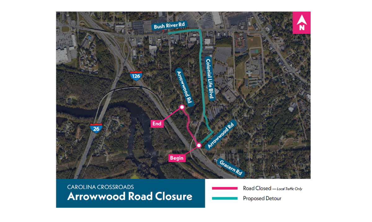 Arrowwood Road in Columbia, SC, will be closed and detoured from Jan. 9 to Jan. 30 as part of the SCDOT’s improvement plan for I-26.