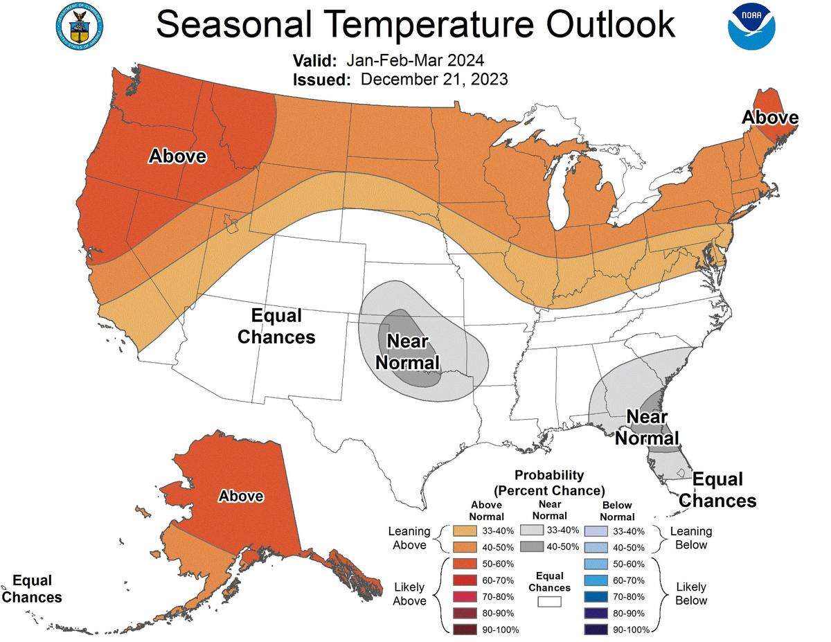 A map that shows temperature outlooks across the U.S. between January and March 2024.