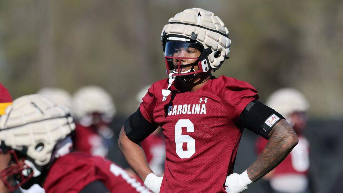 South Carolina edge rusher Dylan Stewart in a drill Tuesday at the Gamecocks’ first spring practice for 2024.