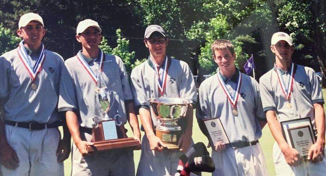 The 2002 state championship Dutch Fork High School golf team (from left) Adam Dox, Chris Colomb, Matt Bryant, Steve Hartwig and Dustin Johnson.