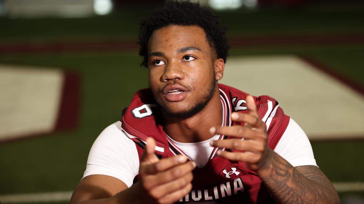 Dylan Stewart during media day for the University of South Carolina football team inside the Jerri and Steve Spurrier indoor practice facility.