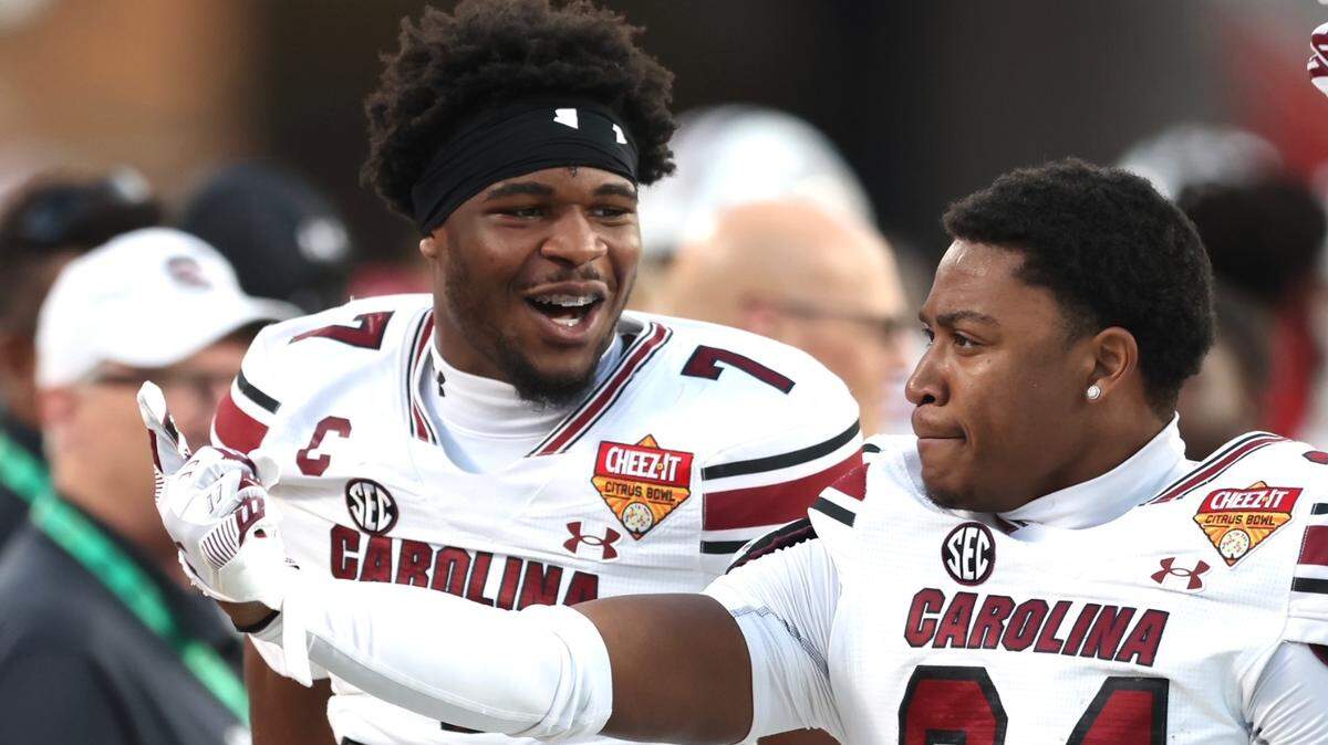 Nick Emmanwori (7) cheers a South Carolina interception in the second half of Tuesday’s bowl game.