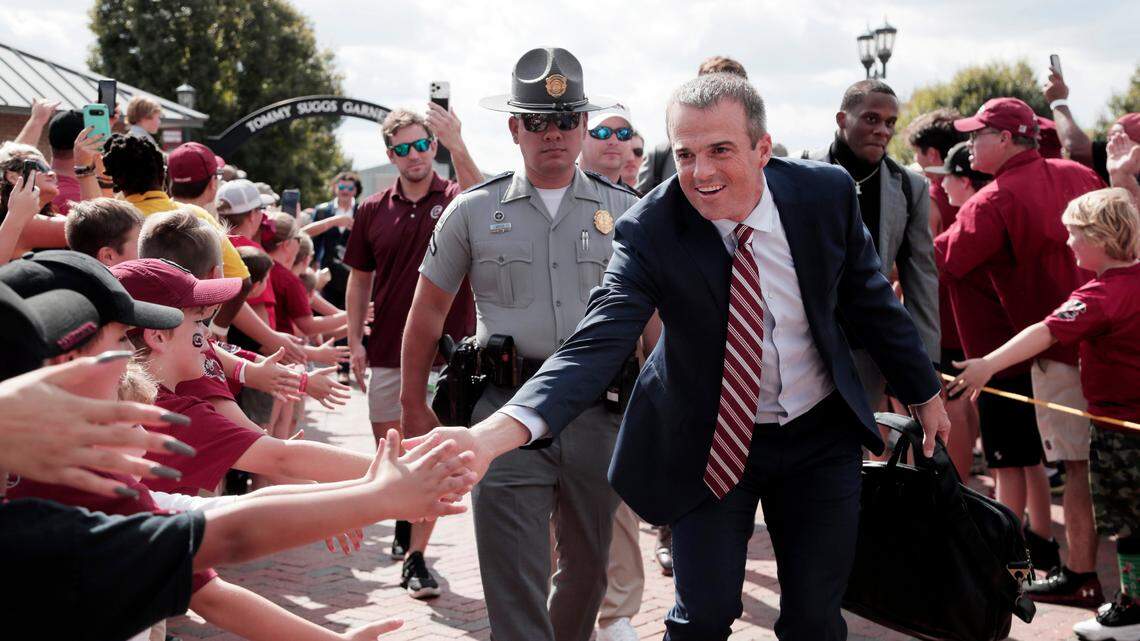 South Carolina Gamecocks head coach Shane Beamer greats fans before his team plays Vanderbilt at Williams-Brice Stadium on Saturday, October 16, 2021.