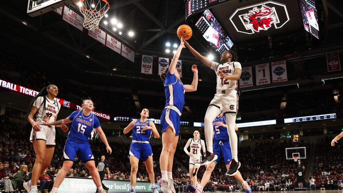 South Carolina guard MiLaysia Fulwiley (12) puts up a shot during the first half of the Gamecocks’ game at Colonial Life Arena in Columbia on Saturday, December 16, 2023.
