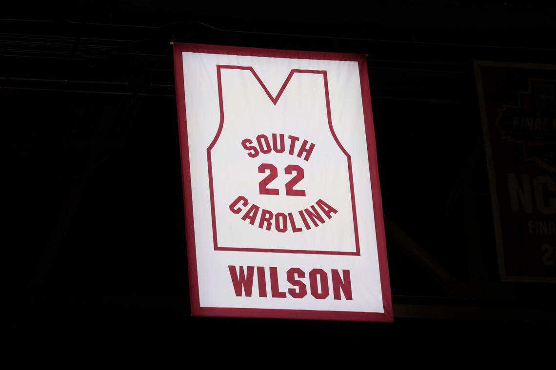 A banner with A’ja Wilson’s jersey hangs from the rafters at Colonial Life Arena on Sunday, Feb. 2, 2025.