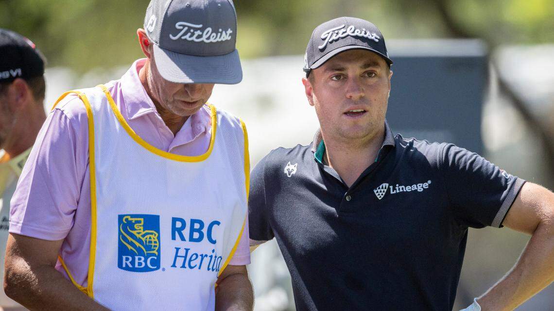 Justin Thomas plans his shot on the 16th tee during the final round of the 2022 RBC Heritage golf tournament April 17, 2022 in Hilton Head Island.