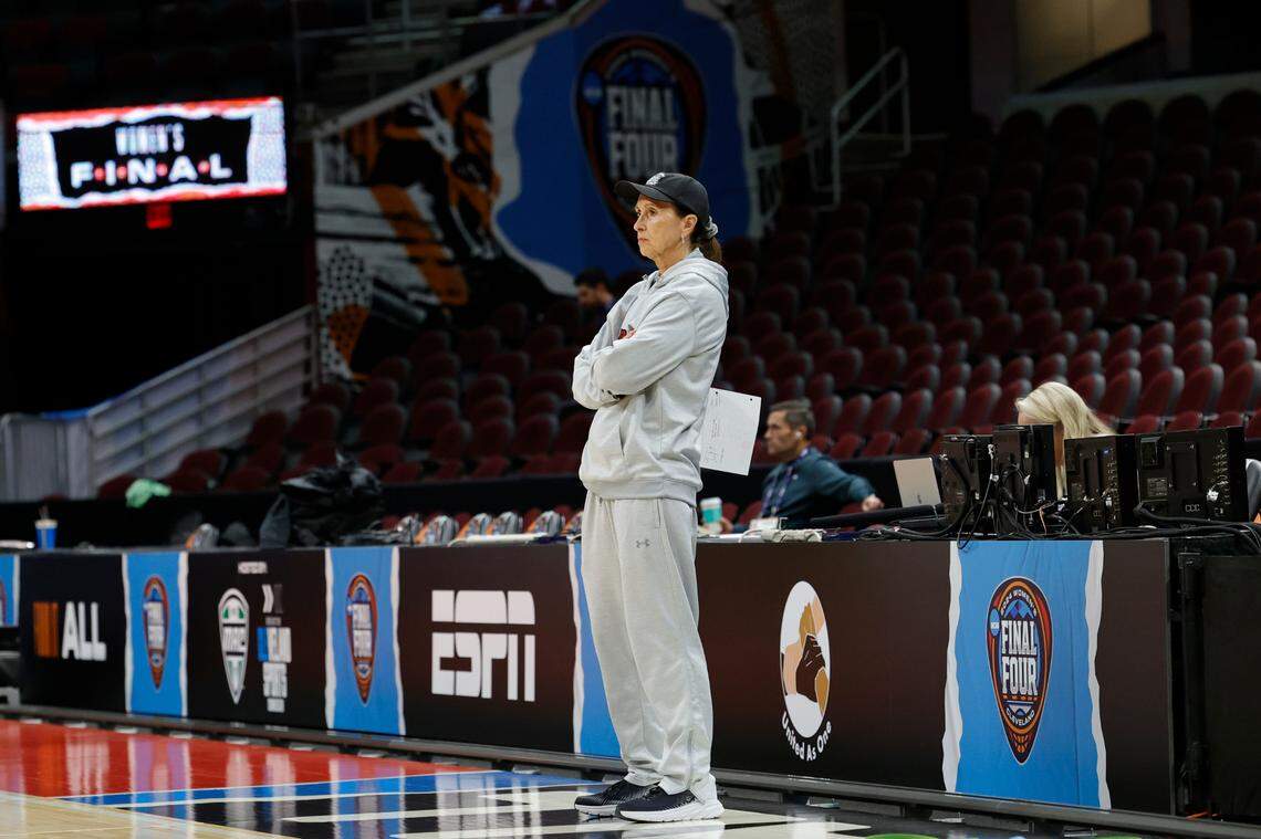 University of South Carolina Associate Coach Lisa Boyer watches as the Gamecocks practice in the Rocket Mortgage Field House in Cleveland, Ohio on Thursday, April 4, 2024.