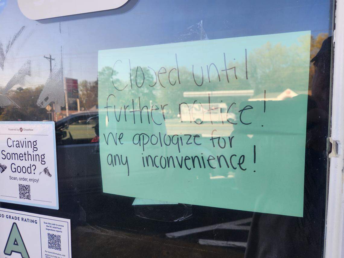 A sign on the door of West Columbia’s Thai Delicacies on March 10 said that it is closed “until further notice.”