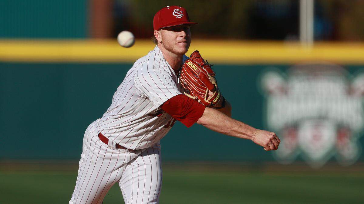 South Carolina pitcher Dylan Eskew (16) plays Sacred Heart at Founders Park on Friday, February 14, 2025.
