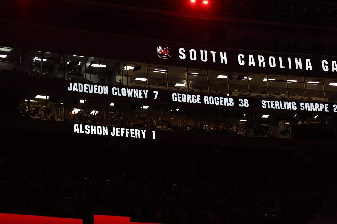 South Carolina wide receiver great Alshon Jeffery has his jersey retired on Saturday, Sept. 23, 2023.