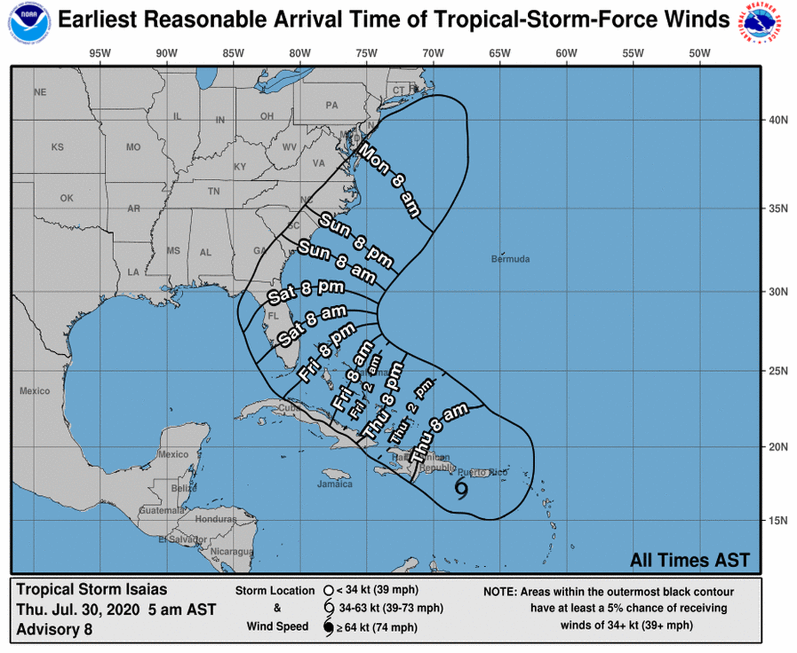 Tropical Storm Isaias is forecast to affect the east coast this weekend.
