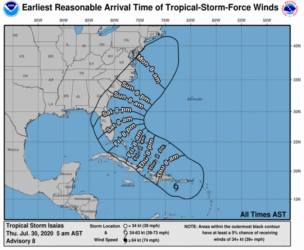 Tropical Storm Isaias is forecast to affect the east coast this weekend.